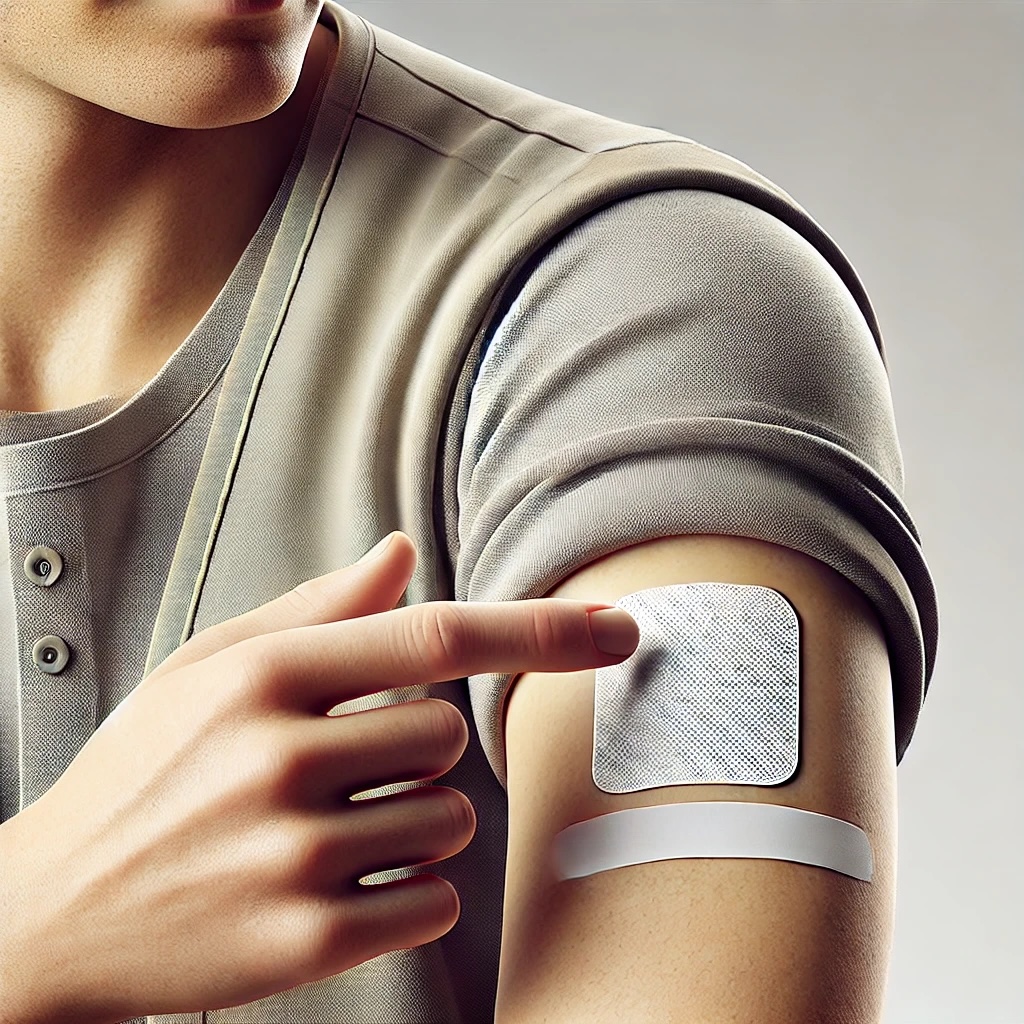 DALL·E 2025-02-18 15.42.37 - A realistic digital illustration of a person applying a biotin patch on their upper arm. The person has fair skin and a neutral pose. The focus is on 